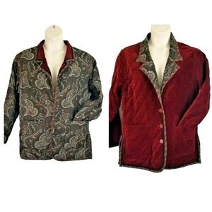 Koos Of Course Reversible Jacket Women Burgundy Paisley Quilted Coat Velvet SZ L